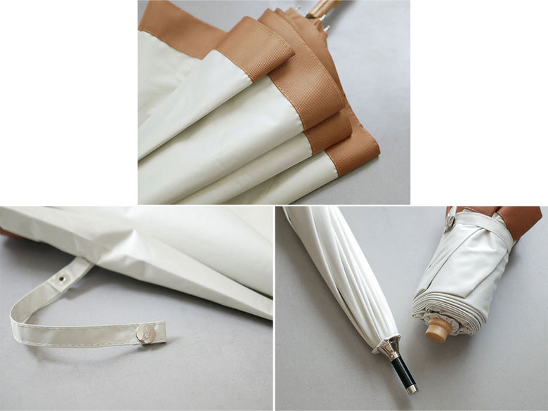 ビコーズのPUグログラン長傘が開かれており、シルク風の防水生地が鮮やかに広がっている様子