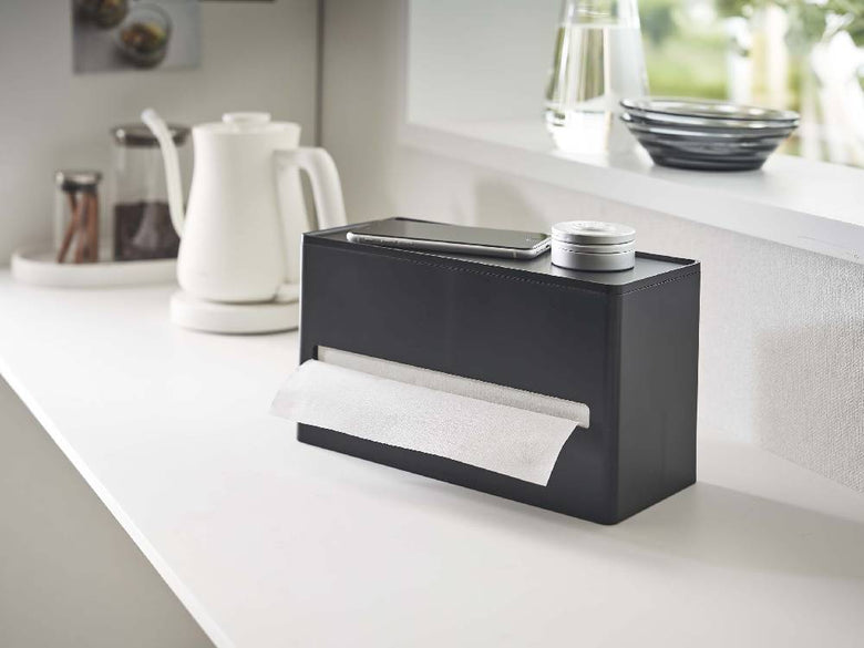 シルバー色の両面ティッシュケースにティッシュボックスとペーパータオルが整然と収納されている家庭用収納ホルダー