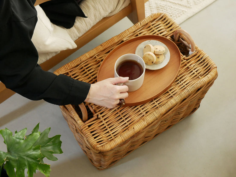 Creerクレエのインドネシア産皮付きラタン製運べる収納バスケット