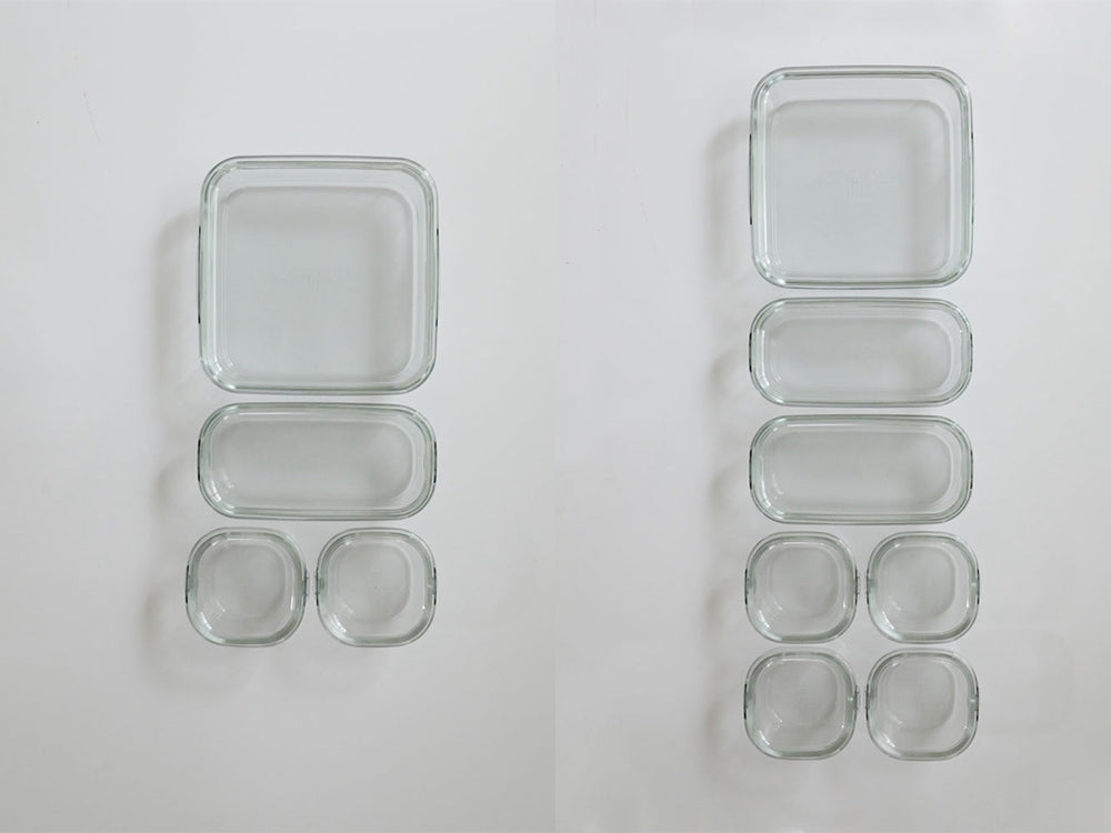 イワキのパック＆レンジシステムセット、透明な耐熱ガラス容器とポリカーボネート製フタが並んでいる写真