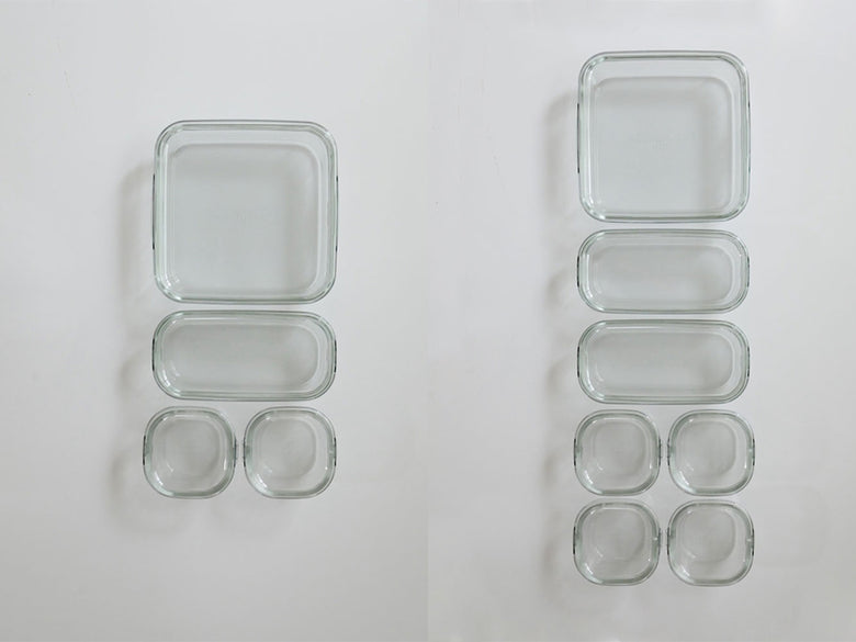 イワキのパック＆レンジシステムセット、透明な耐熱ガラス容器とポリカーボネート製フタが並んでいる写真