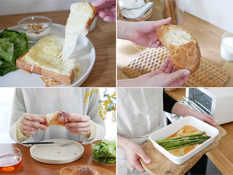 バルミューダ The Toaster Proとパン、包丁、まな板などがテーブルに並んだ調理シーン