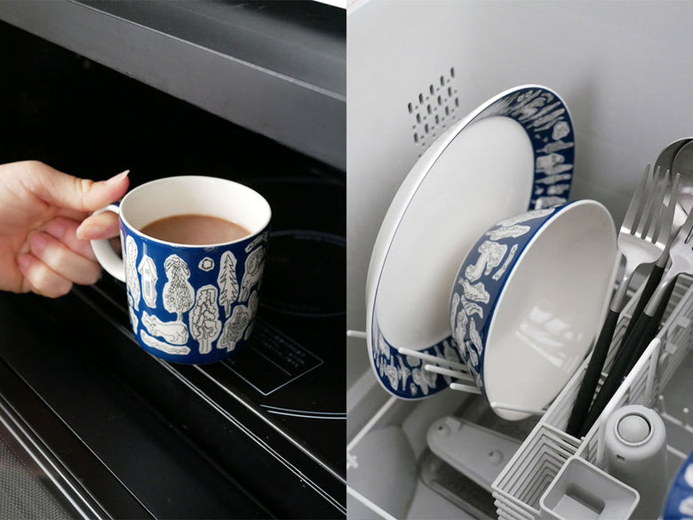 イッタラ×ミナペルホネン フォレストライフ2023限定カラーの青白磁器テーブルウェアセット。マグカップ、ボウル、プレートが揃っています。