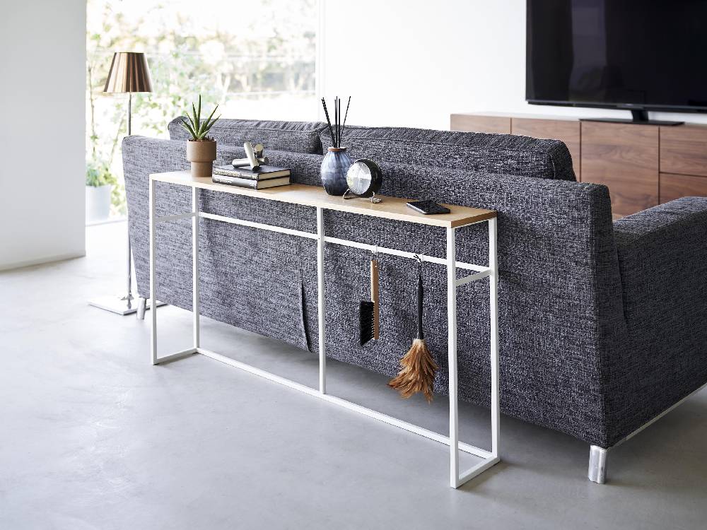 天然木天板とスチールフレームを使用したタワーソファ裏コンソールテーブル