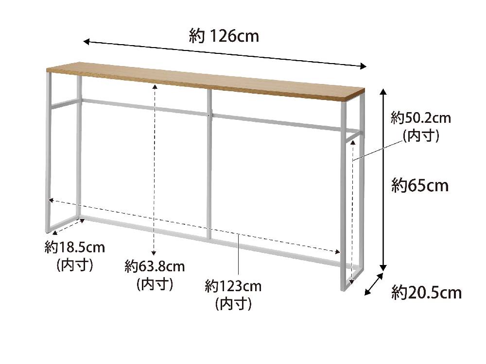 スチールフレームと天然木天板を備えた【tower/タワー】ソファー裏コンソールテーブルのデザイン写真