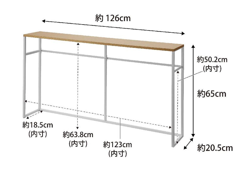 スチールフレームと天然木天板を備えた【tower/タワー】ソファー裏コンソールテーブルのデザイン写真