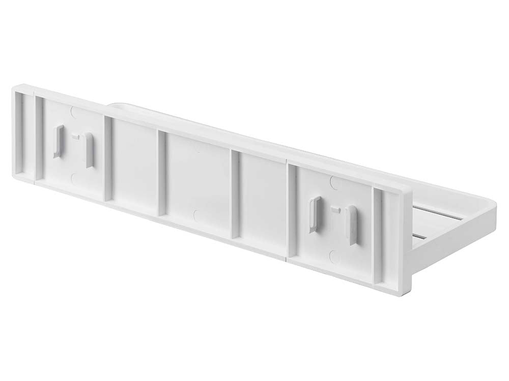 白色のABS樹脂製フィルムフックトレー。中央にポリカーボネート製のフックが2つ取り付けられており、サイズは幅30cm、奥行き10cm、高さ6cm。付属のフックが4つ含まれています。