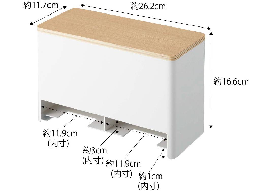 スチールと天然木で作られた【RIN/リン】分別サニタリー収納ホルダーが木製キャビネットの上に配置され、花鉢や引き出しとともにバスルームに設置されている様子