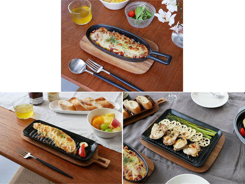 IBUKICRAFTの耐熱陶器グリルプレート上で新鮮な野菜が焼かれている様子