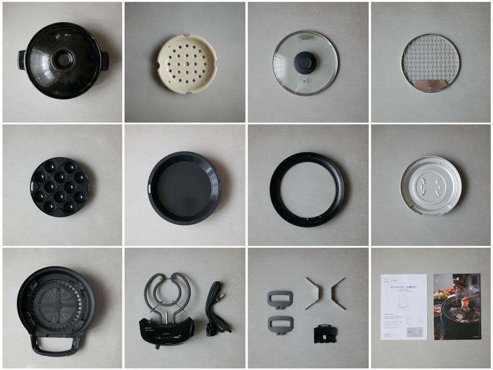 シロカのおうちいろり本体と各種シルバーカラーの付属プレートが並んだスタイリッシュな静物写真