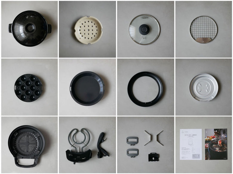 シロカのおうちいろり本体と各種シルバーカラーの付属プレートが並んだスタイリッシュな静物写真