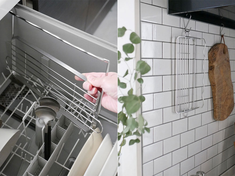 キッチンのカウンタートップに置かれた灰色の18-8ステンレス製折りたたみジャグボトルスタンド