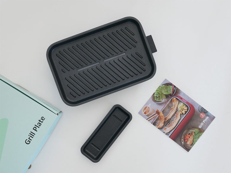 recolte（レコルト）ブランドの丸洗い可能なコンパクトホットプレート用グリルプレートとスチール製油受け皿のセット