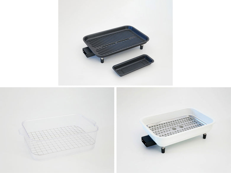 recolteの丸洗い可能なコンパクトセラミックスチーム深鍋と蒸しプレート、トレイ、蓋が整然とキッチンに配置されたセット