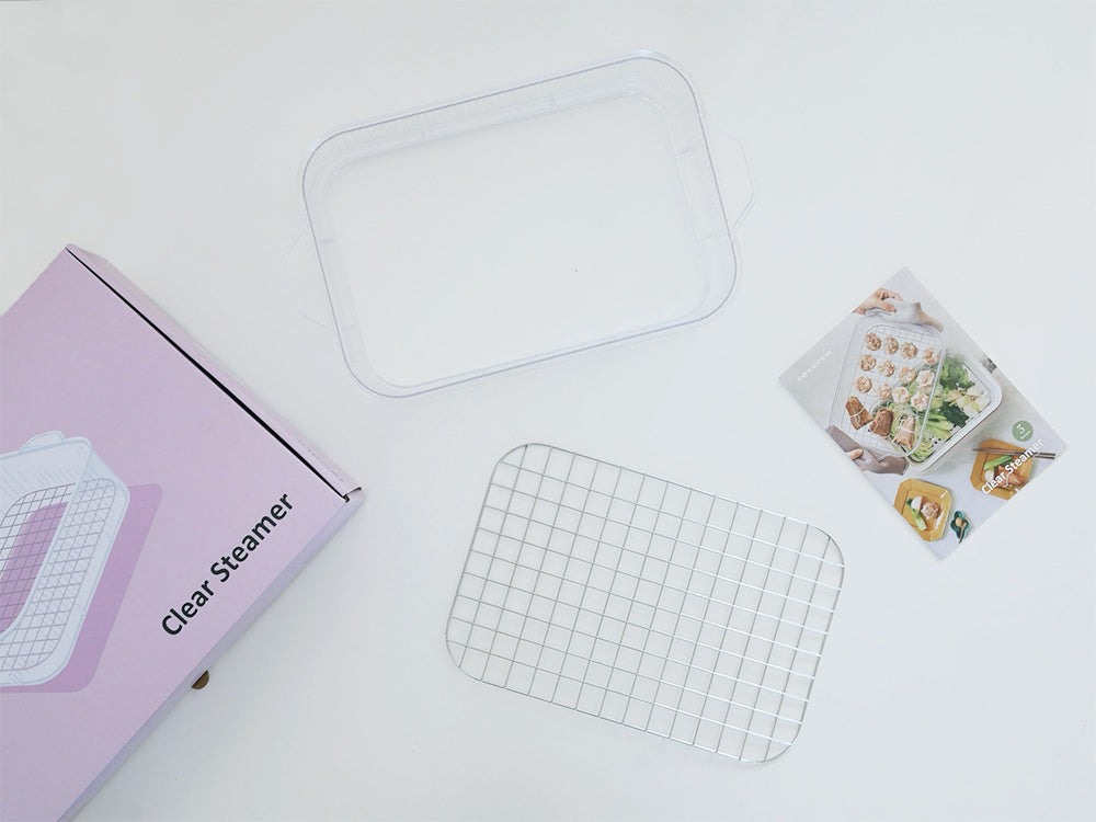 ホットプレート用クリアスチーマーとプラスチック製トレイ、キッチン用具のセット