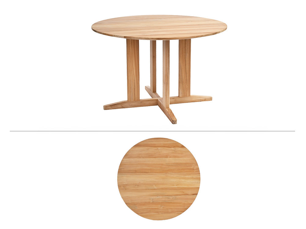 ホコスのサンフラワーラタンとチーク無垢材を使用したラウンドダイニングテーブル