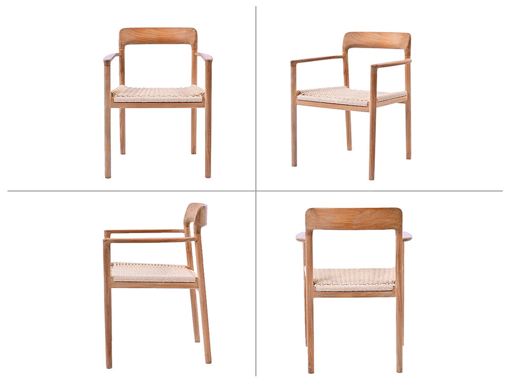 サンフラワーラタンのHOKOSペーパーコード×チークダイニングチェア。堅木とラタン素材を使用し、屋外でも快適に利用できるデザイン。自然な木目と編み込みペーパーコードが特徴的なアウトドア用椅子