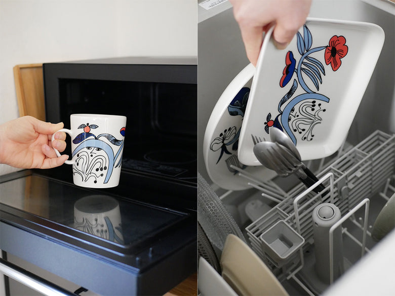 アラビア製の銀色磁器プレートがキッチンテーブルに配置されている様子