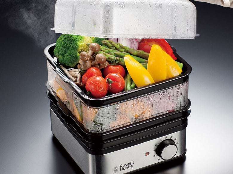 【Russell Hobbs/ラッセルホブス】ミニスチーマー本体とスープトレイ、スチーム皿大・小、カップ、レシピブックがセットになった製品画像