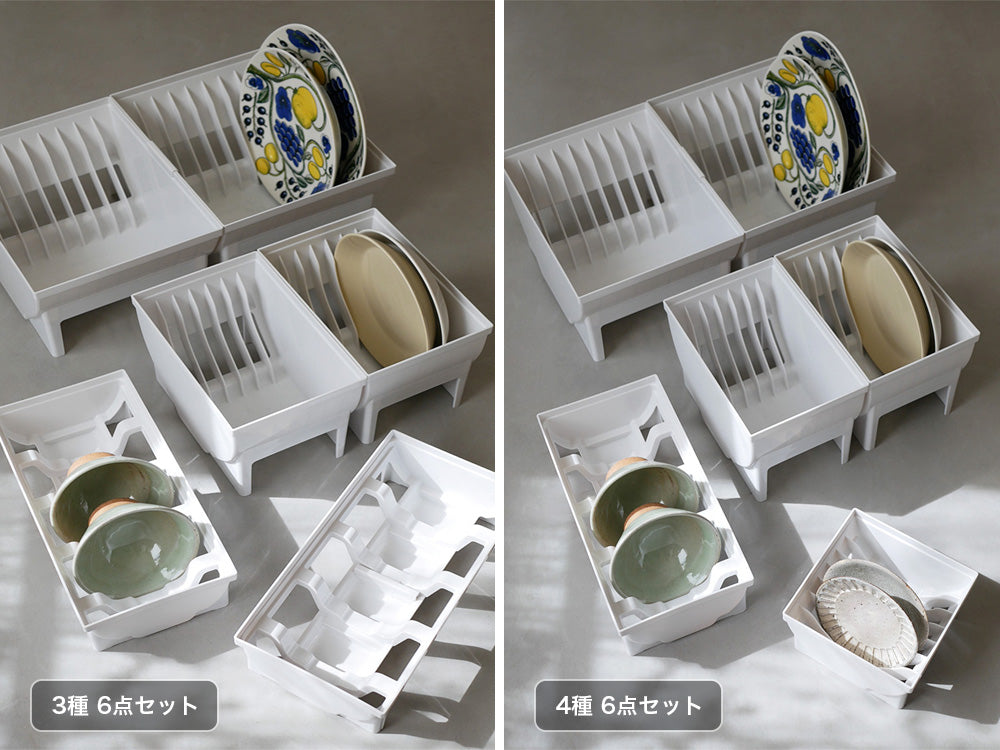 リッチェル トトノ食器が整うディッシュスタンドセットがキッチン棚に整然と並べられている