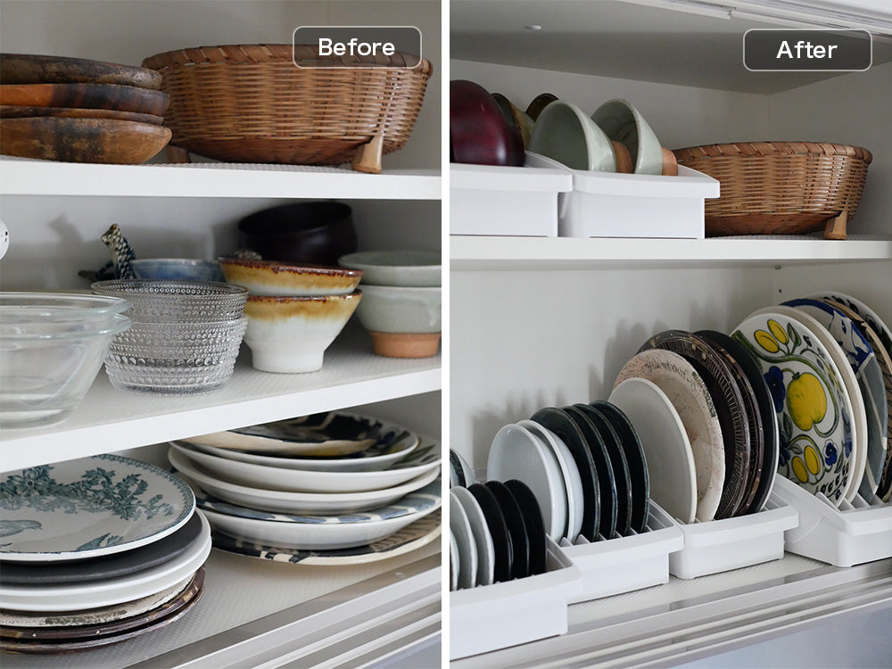 リッチェル トトノシリーズのディッシュスタンドがキッチンの棚に整然と並んでいる