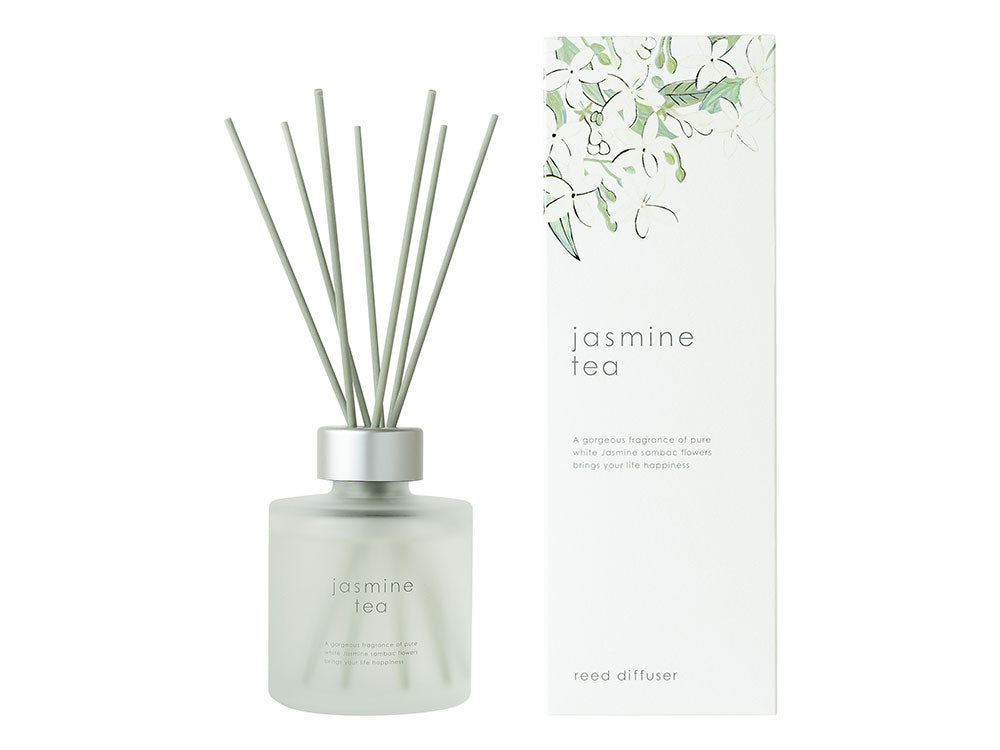 【生活の木】季節限定ジャスミンティーの香りリードディフューザーのボトルとラベル、リードスティック付き