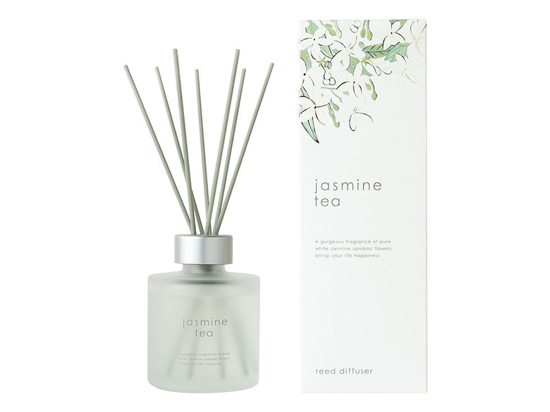 【生活の木】季節限定ジャスミンティーの香りリードディフューザーのボトルとラベル、リードスティック付き