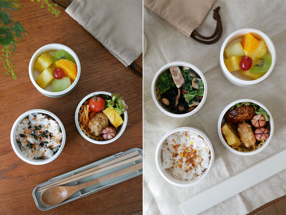 タケナカジャパンのtutuランチボックスに白ご飯や野菜が盛られ、箸と共にセットされた食事の様子