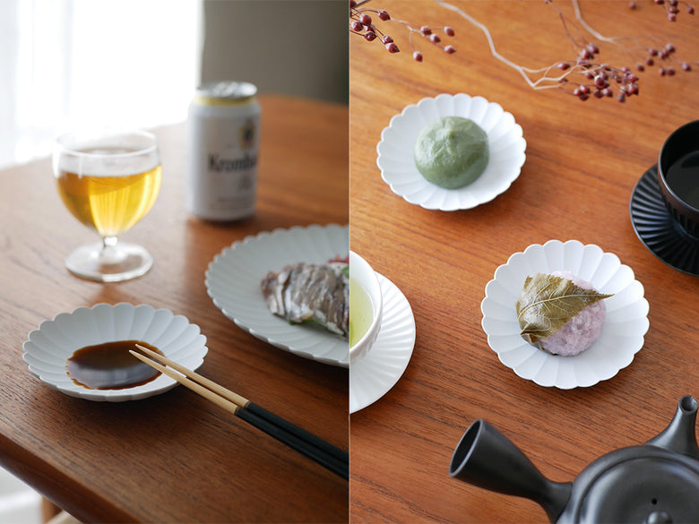 1616/arita japanのTYパレスプレート、グレーの陶石製複数サイズの皿がテーブルに並べられている