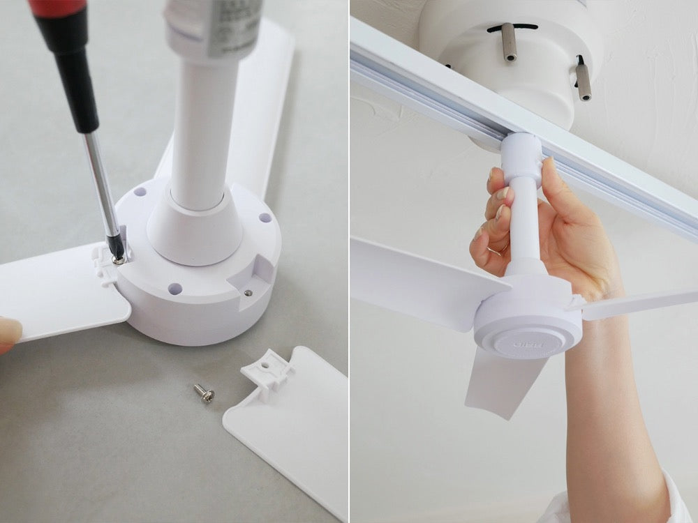 ホワイトのBRIDダクトレールファンDCベーシックΦ40が清潔な室内の天井に取り付けられている様子