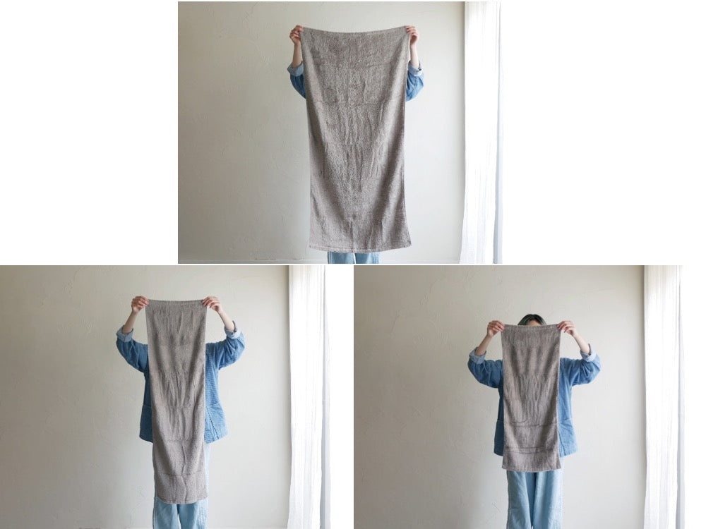 CUOLの日本製綿100％スキンケア用タオルセット。ホワイト、モカ、ライトグレーのバスタオル、フェイスタオル、スリムタオルが並んでいる