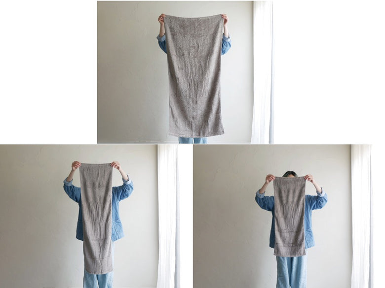 CUOLの日本製綿100％スキンケア用タオルセット。ホワイト、モカ、ライトグレーのバスタオル、フェイスタオル、スリムタオルが並んでいる