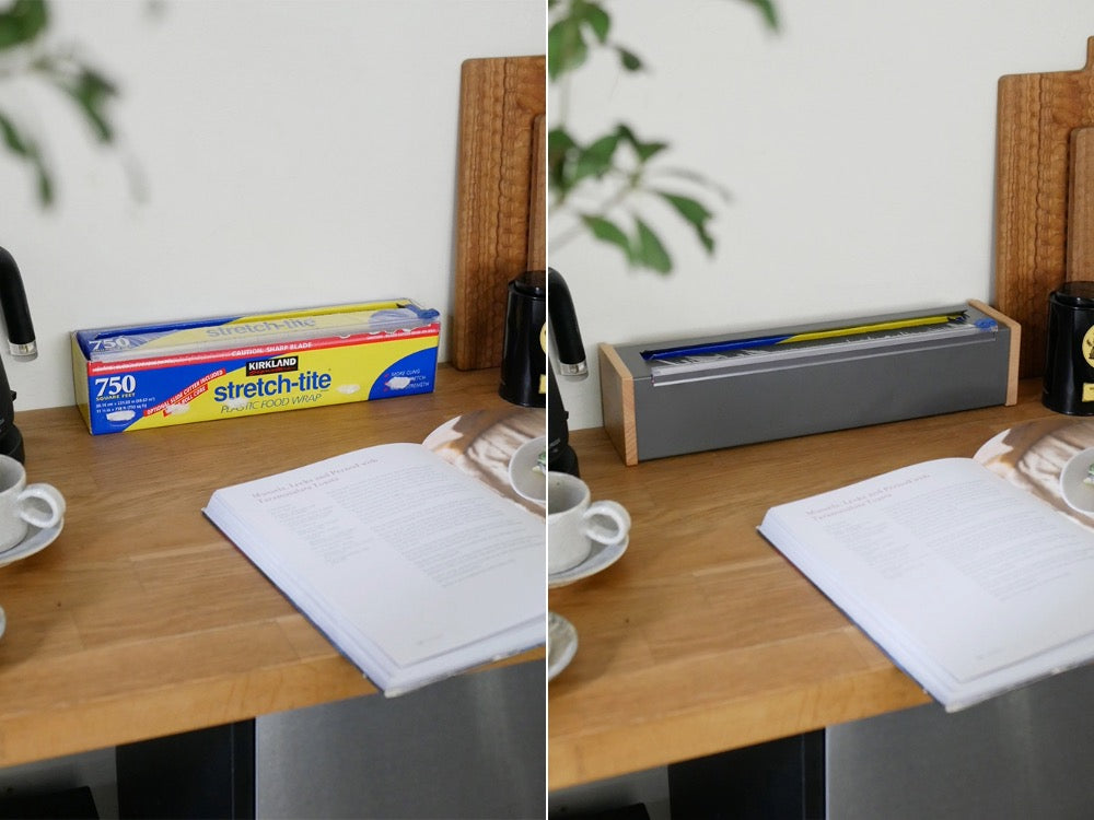 日本製のイデアコ魅せるコストコ大容量ラップケース。ボンデ鋼板とブナ材、シリコンを使用し、ネオジウムマグネットでラップをしっかり収納できるサンドホワイトとオフブラックの2色展開。