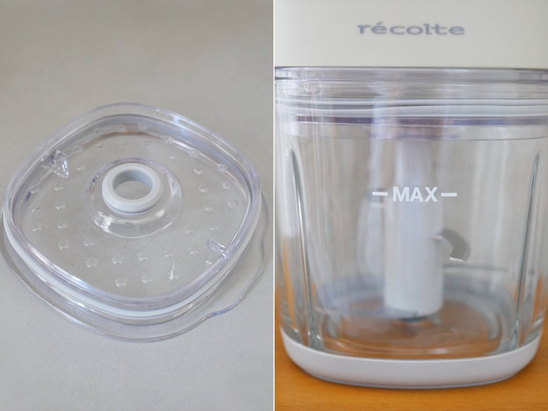 レコルトのコードレスカプセルカッターボンヌ本体と付属のガラスカップ、ブレードセットが並んでいる画像