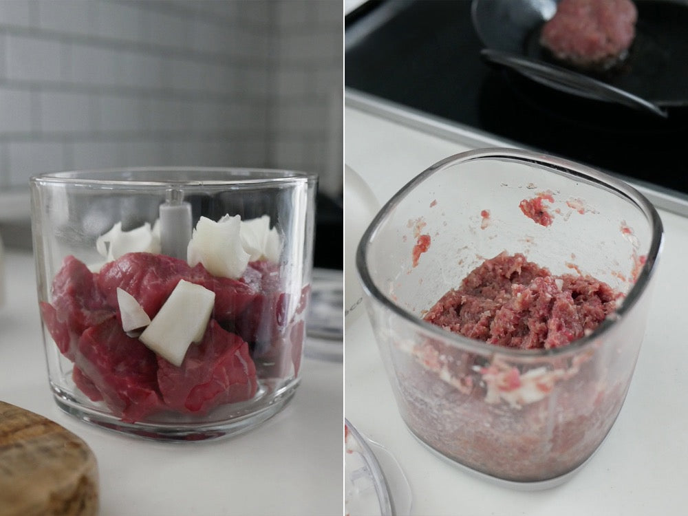 レコルト コードレス カプセルカッターボンヌで牛肉や羊肉をカットしている調理シーン