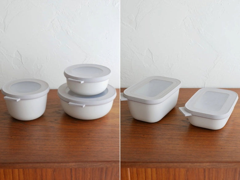 メパルのマルチ保存容器サーキュラシリーズ、丸型と長方形のプラスチック製セットと蓋