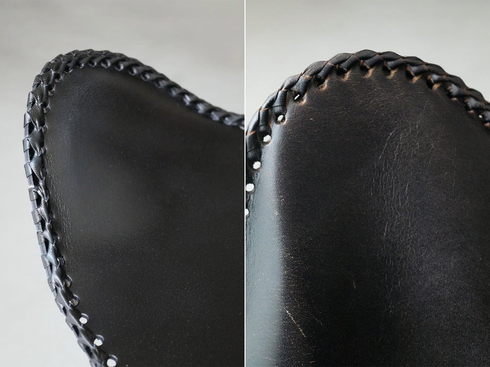 WRAPSのアイアンレザースツール。牛革とアイアンを使用したシンプルなデザインのキャメルカラー椅子