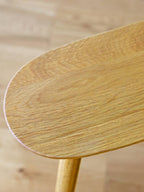 ホワイトオークまたはウォルナット製の高野木工RUBEワイドスツールが木製の床の上に配置され、観葉植物と花鉢が周囲に置かれている様子