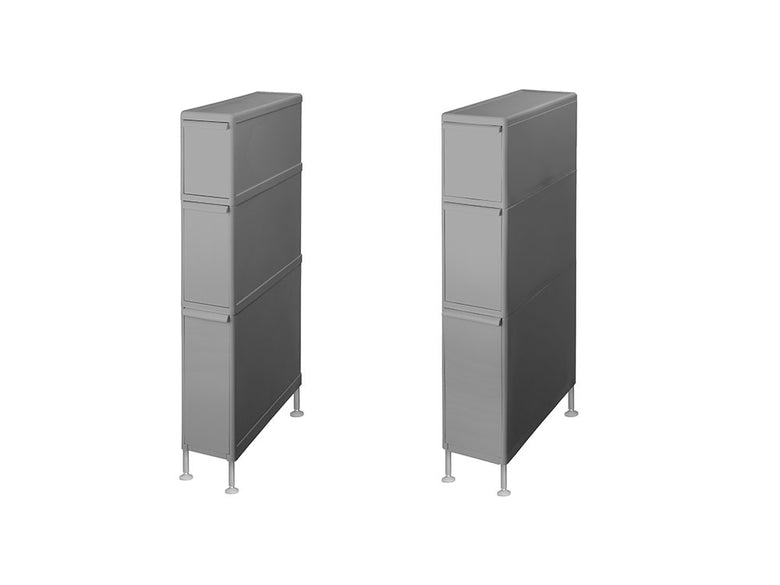 グレーのアジャスター付きスリムストッカー、キャビネットと引き出しが備わった収納家具