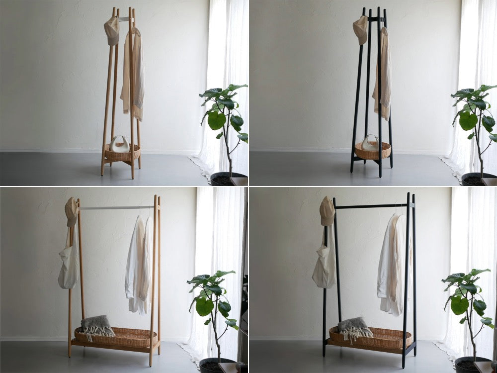 オーク無垢材とラタンバスケットを使用したホワイトカラーのコートハンガー、2個口デザイン