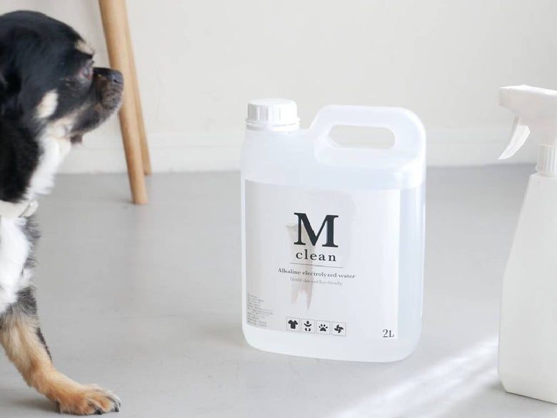 【Mclean】の2リットルアルカリ電解水クリーナーがラベル付きプラスチックボトルに入っている様子