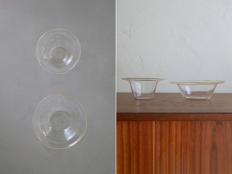 アクシスのクリーム色手作りハットボウル。耐熱ガラス製で食卓に飾られた静物写真。