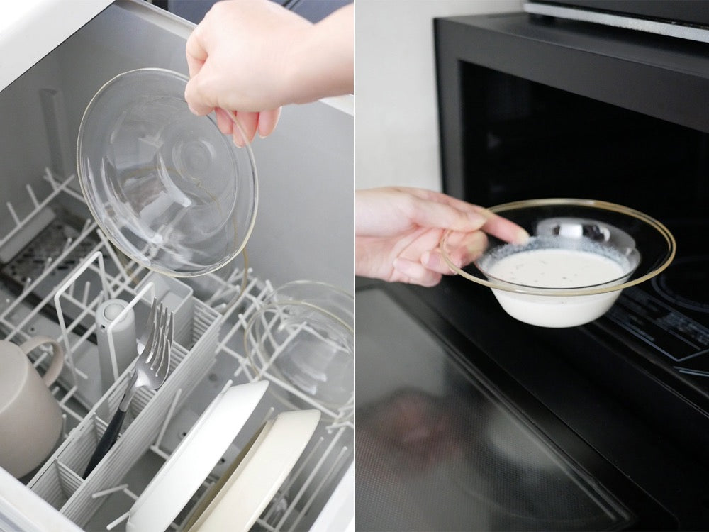 アクシス製クリーム色耐熱ガラスハットボウル。直径130mmと160mmの2サイズがキッチンに並べられている様子。