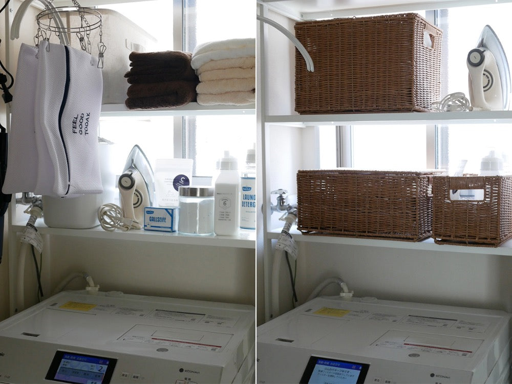 トーク【Towc】の洗えて隠せるスタッキングバスケットが棚に整然と並べられている様子