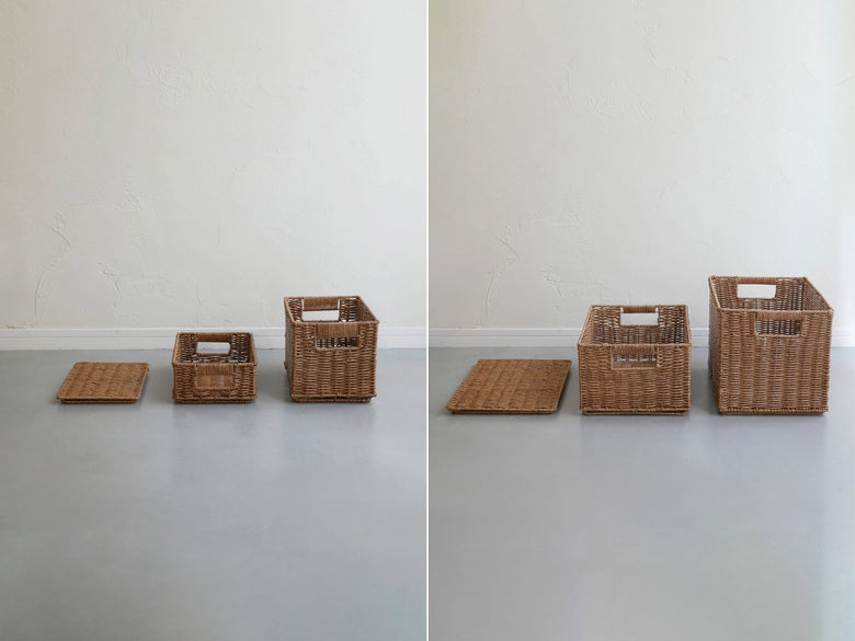 洗えて隠せるグレーのウィッカー素材スタッキングバスケット