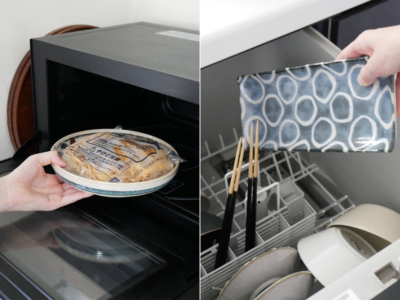 アワサカの和モダン磁器「Brush Blue」シリーズのパスタボウルと長角皿が並んだキッチン用品