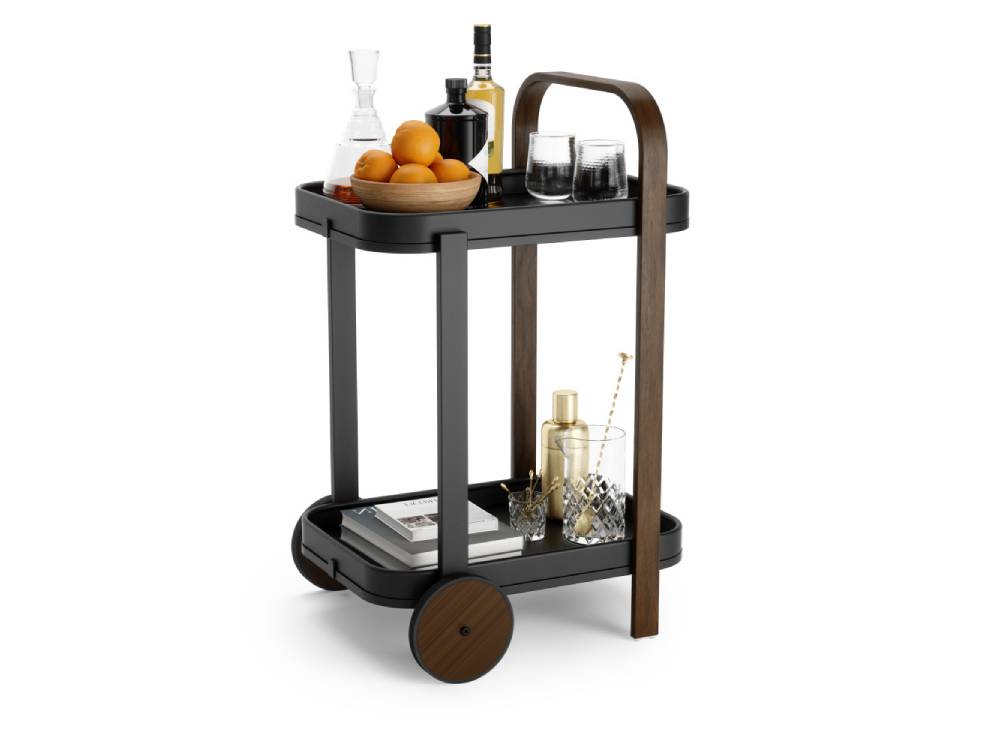 食品やボトル、サーブウェア、観葉植物が置かれたキッチンカート