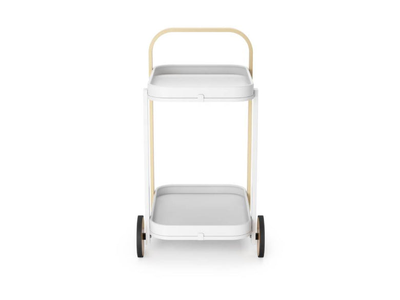 アンブラのベルウッド サービングカート。白い天板と自然木の脚を持ち、移動可能なデザイン。