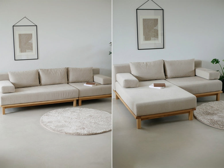 木製フレームとテキスタイルクッションが特徴のSIEVEゆったり座れるレクトユニットソファーが配置されたモダンなリビングルーム