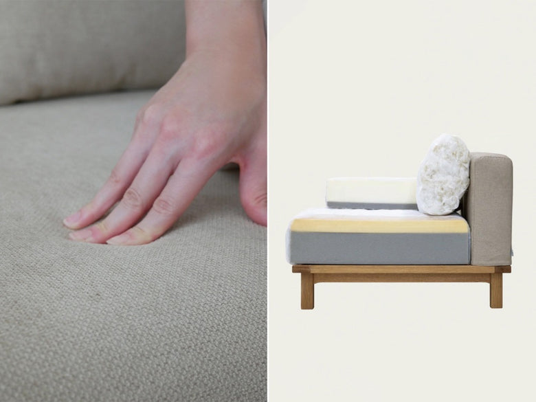 リビングルームに配置された【SIEVE/シーブ】ゆったり座れるレクトユニットソファー。クッションやスロー枕がアクセントとなり、快適な座り心地を提供するソファベッドです。